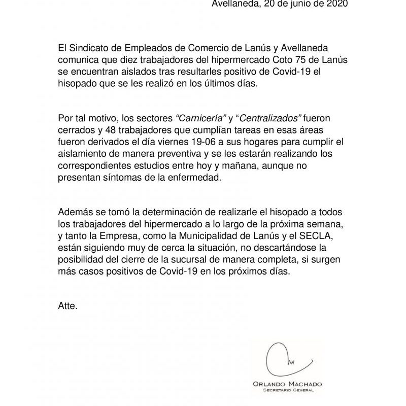 Sindicato confirma que 10 trabajadores de COTO Lanús dieron positivo